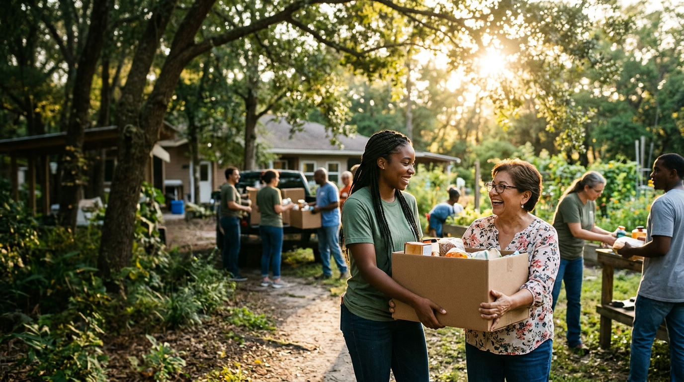 Neighbors supporting one another outdoors